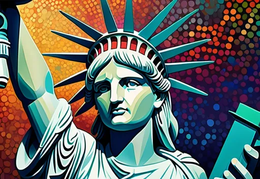 Prompt: Pointillism style artwork, statue of liberty, intricate dot patterns, vibrant colors, dynamic forms, warm and cool tones merging, artistic interpretation with depth, textured appearance, soft lighting creating a dreamlike quality, mesmerizing detail showcasing each dot, high-quality 4K resolution, captivating ambiance radiating freedom and inspiration, thoughtfully arranged background emphasizing the iconic statue’s grandeur.