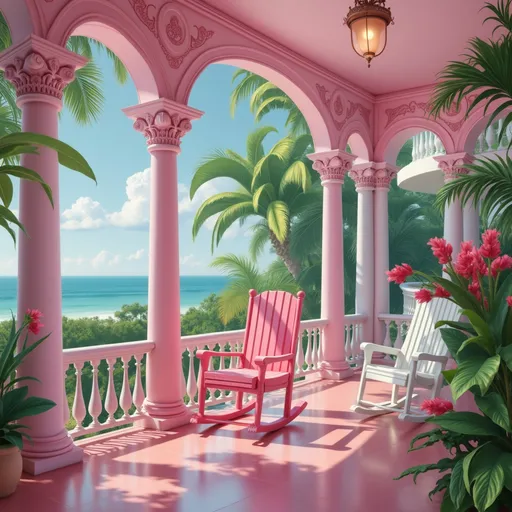Prompt: Bathed in the soft glow of a tropical afternoon, a serene porch comes to life with vibrant pink and white rocking chairs, inviting relaxation against a backdrop of lush greenery and rolling ocean waves. Majestic palms sway gently, their fronds framing the expansive view of a sparkling sea, where blue skies dotted with fluffy white clouds stretch into the horizon. The ornate pink columns and gleaming tiled floor reflect the playful colors of the surrounding nature, while splashes of floral accents add a whimsical charm to the scene. This idyllic setting exudes warmth and tranquility, suggesting a perfect escape from the hustle and bustle of daily life, where one could easily lose track of time in the gentle sea breeze.