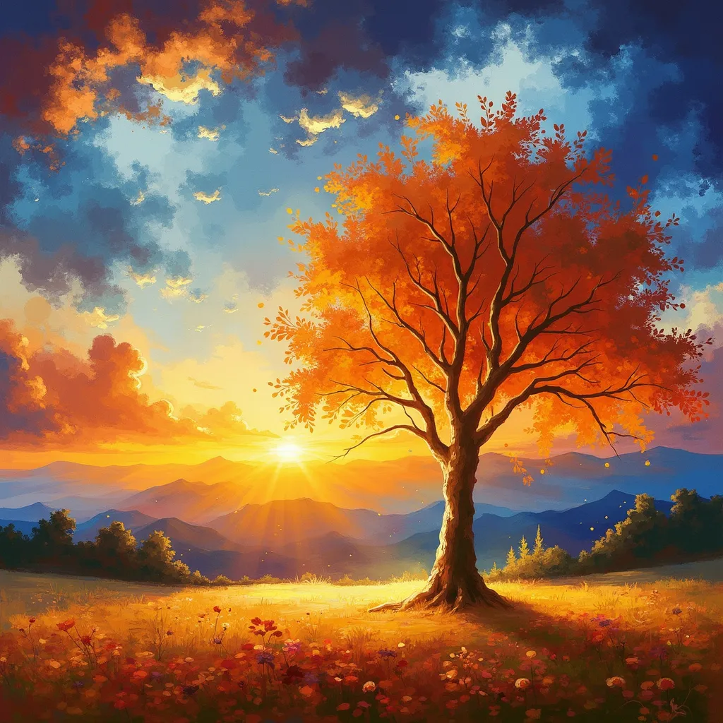 Prompt:  an autumn tree standing under a sunset.  Cyril Rolando, fantasy art, highly detailed digital painting, a detailed painting