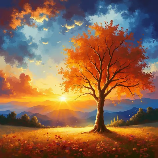 Prompt:  an autumn tree standing under a sunset.  Cyril Rolando, fantasy art, highly detailed digital painting, a detailed painting