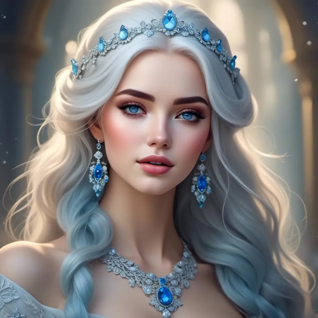 Prompt: <mymodel>High-res digital painting of a beautiful woman with snow white hair and pastel highlights, frosty blue eyes, blue eyeshadow, and blue jewels on her forehead, ethereal fantasy style, cool tones, soft and magical lighting, detailed facial features, professional, elegant, high quality