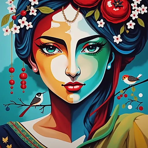 Prompt: a painting of a woman with a blue veil and a cherry tree branch in her hand and a bird on her shoulder, Anne Stokes, qajar art, highly detailed oil painting, a detailed painting