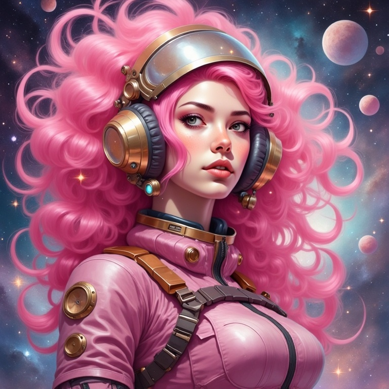 Prompt: a woman with pink hair wearing a helmet and headphones on her head, with a space background in the background, Alejandro Burdisio, space art, highly detailed digital painting, cyberpunk art