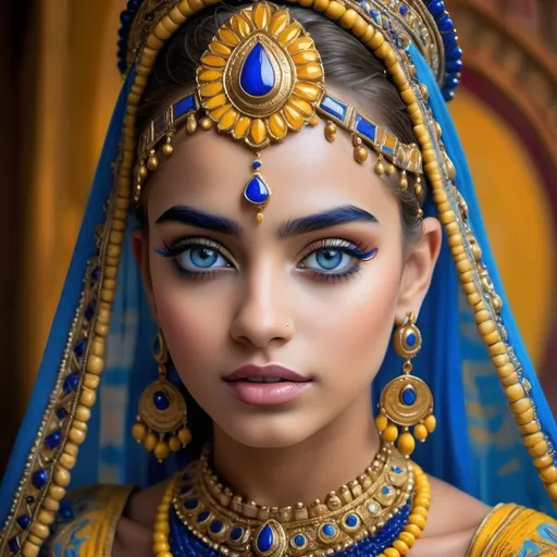 Prompt: A striking portrait captures the essence of elegance and cultural pride, featuring a young woman adorned in vibrant and intricate traditional attire. Her large, azure eyes draw immediate attention, framed by beautifully sculpted brows, while her skin radiates warmth and smoothness. The elaborate headpiece, composed of rich yellows and deep blues, is embellished with beads and metallic accents, showcasing a harmonious blend of colors that complement her deep features. Around her neck, a statement necklace mirrors the same color palette, enhancing her regal appearance. The softly blurred greenery in the background creates a serene atmosphere, emphasizing the subject's poise and grace, and celebrating a rich heritage through contemporary artistry.