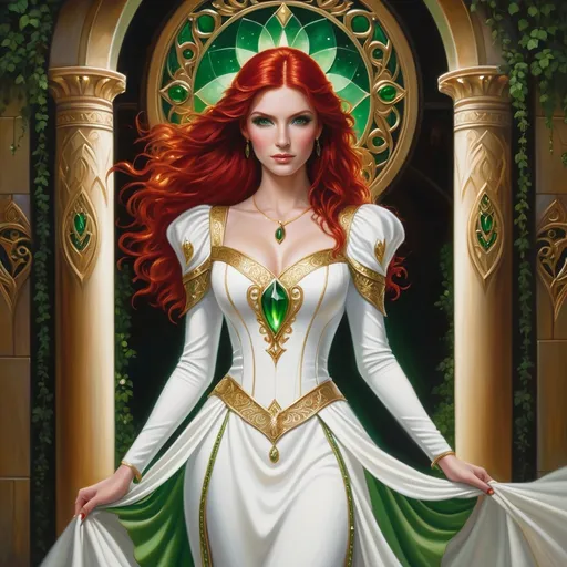 Prompt: a painting of a woman with red hair and green eyes wearing a white dress with gold trim and a red hair, Anne Stokes, fantasy art, kinkade, a detailed painting