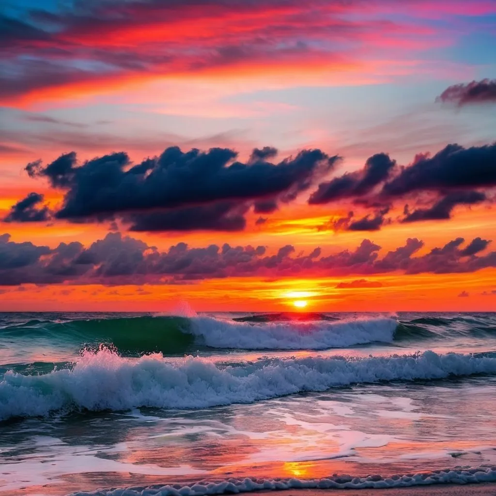 Prompt: A colorful sunset over ocean waves