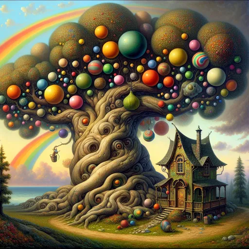 Prompt: a tree with a house and many different colored balls on it's trunk and a rainbow sky background, Chris LaBrooy, fantasy art, fantasy artwork, a storybook illustration