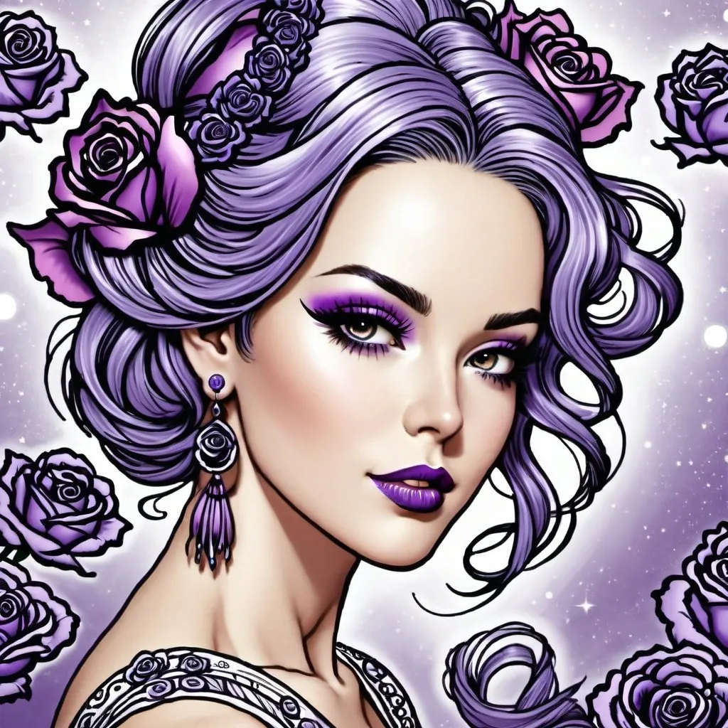 Prompt: Cosmic Epic Beauty, Beautiful and Gorgeous, purple roses in hair