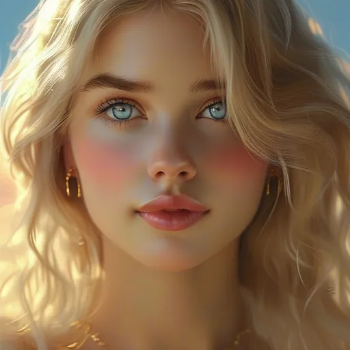 Prompt: This is a highly detailed, digital painting in a realistic, semi-romantic fantasy style. The subject is a young woman with fair, porcelain-like skin and strikingly large, expressive blue eyes that gaze softly at the viewer. Her wavy, golden blonde hair cascades past her shoulders, illuminated by a warm, glowing light that gives it a soft, ethereal quality. She wears a delicate, gold necklace with a prominent, teardrop-shaped turquoise pendant that rests just above her cleavage. Her lips are slightly parted, revealing a hint of pink, and she has a subtle, natural blush on her cheeks. She also wears small, gold hoop earrings. The background is a gradient of soft blues and oranges, suggesting either a sunrise or sunset, with a subtle, misty effect that adds to the dreamlike atmosphere. The light source appears to come from the upper right, casting gentle highlights and shadows across her face and hair. Her expression is calm and serene, with a slight, enigmatic smile. The overall texture of the painting is smooth, with meticulous attention to detail in the rendering of her hair, eyes, and skin, creating a lifelike yet slightly otherworldly appearance.