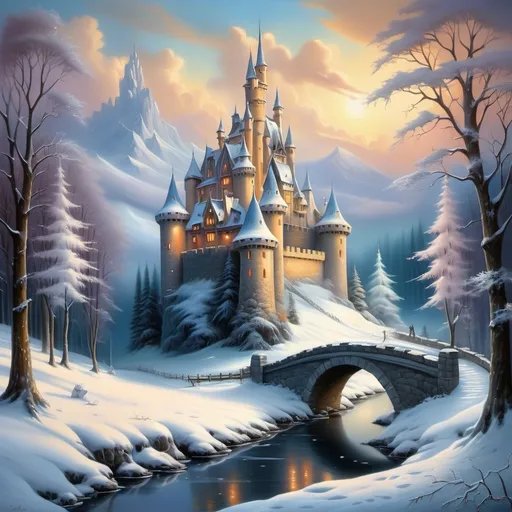 Prompt:  a painting of a castle surrounded by trees, beautiful fantasy painting, fairytale painting, whimsical fantasy landscape art, beautiful render of a fairytale, dream scenery art, snow landscape, winter scene fantasy, beautiful snowy landscape, snowy winter scene, thomas kinkade style painting, fairytale artwork, snow forest, adrian borda, snow scene, winter painting, beautiful winter area 