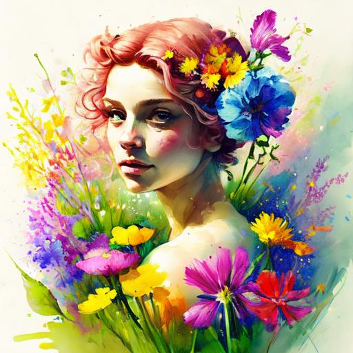 Prompt: a fairy of spring, ,wildflowers, vivid colors,  facial closeup