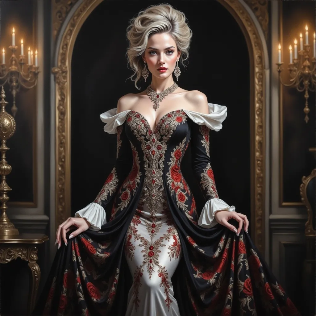 Prompt: In a dimly lit, atmospheric setting, a striking woman commands attention with her deep crimson hair cascading in soft waves, subtly illuminated by flickering torchlight in the background. Her porcelain skin contrasts dramatically with bold, dark makeup—intense red lips and smoky, defined eyes that exude an enigmatic allure. Adorned in a richly detailed black lace dress embellished with deep red floral accents, a matching choker featuring intricate designs rests on her neck, complemented by ornate earrings that dangle gracefully. The scene combines elements of gothic romance and intrigue, invoking a mood that is both seductive and mysterious, as if she has just stepped out of a dark fairy tale.