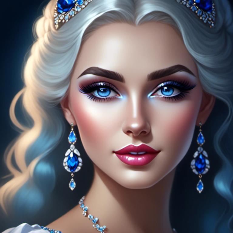 Prompt: A beautiful woman, snow white hair with pastel highlights, frosty blue eyes, blue eyeshadow, blue jewels on forehead<mymodel>