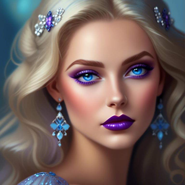 Prompt: <mymodel>Beautiful ethereal woman, long blonde hair,and icy blue eyes color, purple lipstick, facial closeup