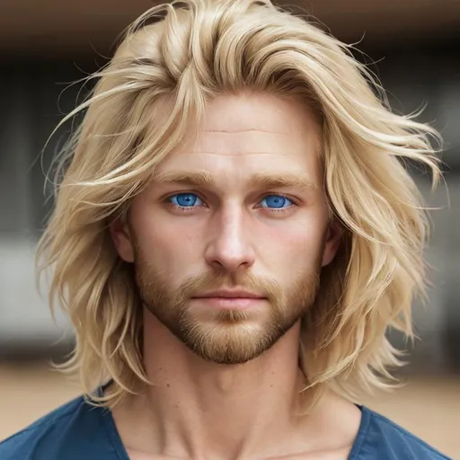 Prompt: 30 year old, rugged, caucasian. shoulder length blonde hair, blue eyes. facial closeup
