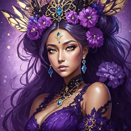 Prompt: <mymodel>fairy goddess of peacocks,  purple flowers, vibrant color.facial closeup