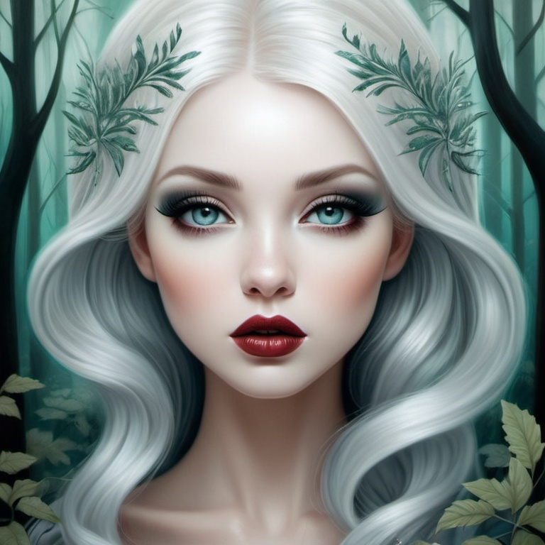 Prompt: The beautiful young lady with blowing platinum hair illustration art by Lori Earley, Daria Endresen, Tristan Eaton. Whimsical forest background, Extremely detailed, intricate, beautiful. 
