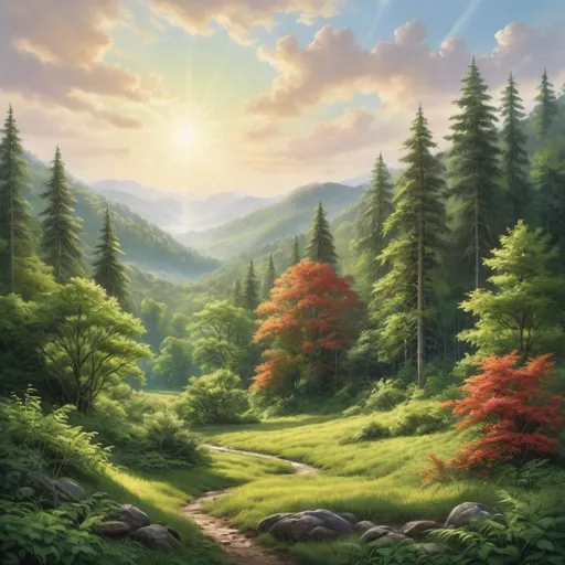 Prompt: (vibrant verdant landscape), lush greenery, towering trees, shimmering sunlight filtering through leaves, enchanting forest ambiance, serene atmosphere, rich textures of foliage, intricate details in vegetation, photorealistic quality, hyper-realistic depth, peaceful nature scene, refreshing colors, capturing the essence of untouched natural beauty.