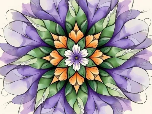 Prompt: This image is a digital drawing featuring a highly detailed, symmetrical, and vibrant floral pattern. At the center is a small, intricate white flower with delicate, curling petals, surrounded by a gradient of colors that radiate outward. The petals closest to the center are a deep green, transitioning to shades of purple, lavender, and violet as they extend outward. The edges of the petals are highlighted with orange and white, adding contrast and depth. The texture of the petals is smooth with fine, black lines that add definition and structure. The overall shape of the flower is circular, with the petals arranged in a radial pattern that creates a sense of motion and energy. The background is filled with the same floral pattern, seamlessly blending with the main flower, giving the impression of a larger, continuous bloom. The use of bold colors and intricate details creates a striking and visually engaging image. The style of the drawing is reminiscent of modern digital art with a focus on symmetry and vibrant color palettes, making it both abstract and aesthetically pleasing.