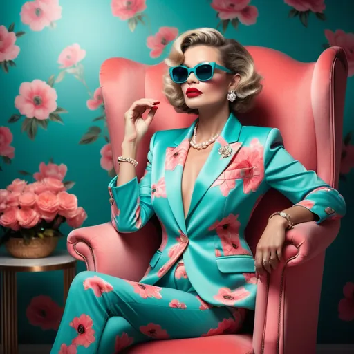 Prompt: A stylish woman exudes glamour as she poses elegantly in a plush, coral-pink armchair, surrounded by a vibrant teal backdrop adorned with soft pink floral patterns. Dressed in a chic aqua suit adorned with blooming flowers, she complements her look with oversized sunglasses and bold red lipstick, exuding confidence and sophistication. The lighting casts a soft glow, highlighting her perfectly styled hair and layered pearl necklace, which further accentuates her timeless elegance. Nearby, a round side table adorned with a bouquet of fluffy pink peonies adds a touch of romance to the scene. The overall composition captures a nostalgic yet modern aesthetic, blending vintage charm with contemporary flair, evoking a sense of luxury and self-assuredness.
