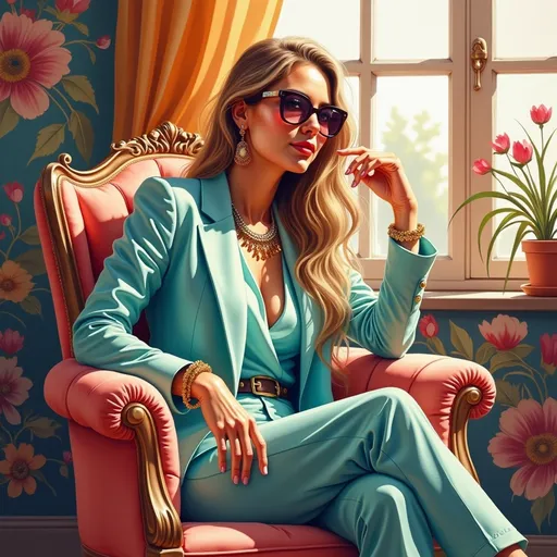 Prompt: Radiating confidence and style, a fashionable woman lounges elegantly in a richly decorated room, her vibrant turquoise outfit accentuated by floral patterns. She sits in a plush, ornate chair, exuding glamour with her long, wavy hair and striking sunglasses, which reflect the warm light streaming in through the window. The background is adorned with bold, colorful wallpaper that features floral designs, enhancing the upbeat atmosphere. Her bold, accessorized look is complemented by a delicate hand gesture, suggesting relaxation and sophistication while creating a captivating focal point within the inviting, yet stylishly whimsical setting.
