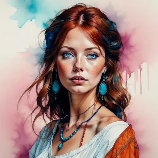 Prompt: <mymodel>Watercolor and pen sketch of a young woman in southwestern style, turquoise jewelry, flowing attire, intricate details, vibrant colors, high quality, southwest art, watercolor, pen sketch, detailed jewelry, flowing attire, vibrant colors, beautiful woman, high quality imagery, professional, atmospheric lighting