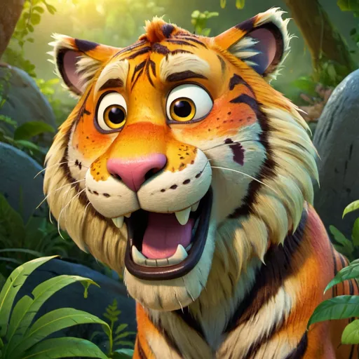 Prompt: Cartoon drawing of a tiger, vibrant colors, playful and friendly expression, jungle setting, detailed fur with lively texture, high quality, cartoon style, vibrant tones, jungle lighting