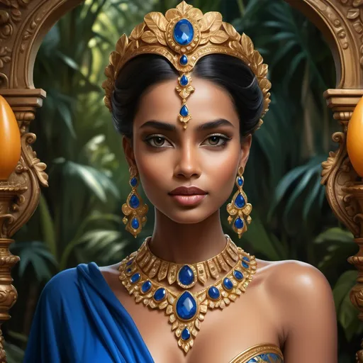 Prompt: Emerging elegantly from a lush, tropical backdrop, a regal figure commands attention with striking beauty and poise. Her skin glows with a warm, rich hue, accentuated by intricate jewelry that includes a gleaming golden collar and stunning blue gemstones, which beautifully contrast with her ornate ensemble. Draped over her shoulders is a flowing garment adorned with delicate floral motifs, complementing her form-fitting attire that showcases rich patterns. Surrounded by vibrant green foliage and bathed in soft, dappled light filtering through the leaves, the composition evokes a sense of timeless elegance and strength, capturing a mood of confidence and grace in this evocative setting.