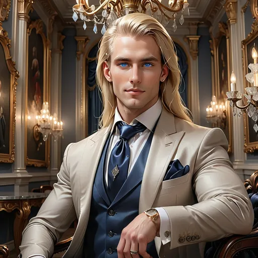 Prompt: In a lavish indoor setting, a striking figure commands attention with his long, smooth blonde hair and piercing blue eyes. Dressed in an elegant light-colored suit layered over a sophisticated gray vest and complemented by a dark blue tie, he exudes confidence and charisma. The opulent backdrop features ornate details, including framed artworks and a chandelier shimmering above, casting a warm glow throughout the room. Soft arrangements of white roses adorn the space, adding a touch of refinement and softness to the luxurious atmosphere. The overall composition conveys a sense of power and elegance, with the subject's serious expression hinting at a narrative of ambition and status.