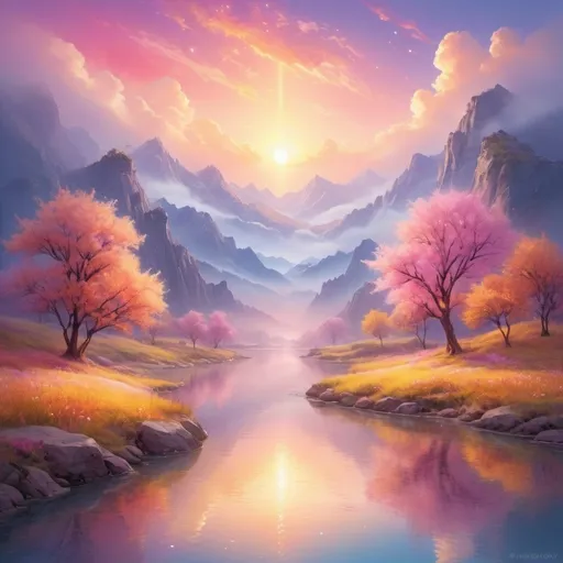 Prompt: (ethereal glow), luminous light radiating, soft illumination, vivid colors, warm ambient tones, magical atmosphere, serene background, enchanting landscapes, high detail, ultra-detailed, vibrant, dreamlike scenery, shimmering reflections, calming hues, captivating visual experience