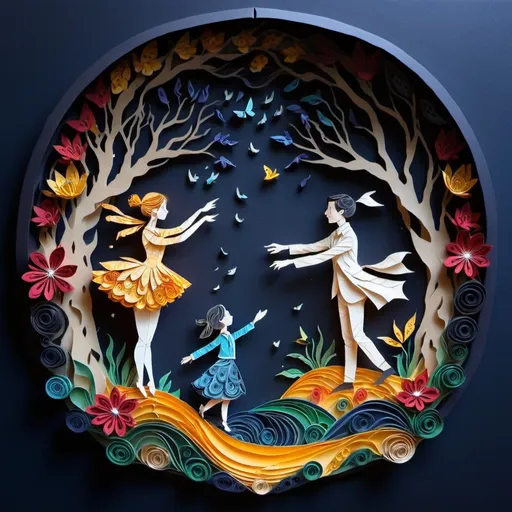 Prompt: Crafted through origami and quilling, a 3D masterpiece emerges. Two figures dance in a sea of folded colors, petals gracefully scattering. A fairytale garden forms, blending symbolism and magic. The play of light and structure adds depth, transcending traditional boundaries. 