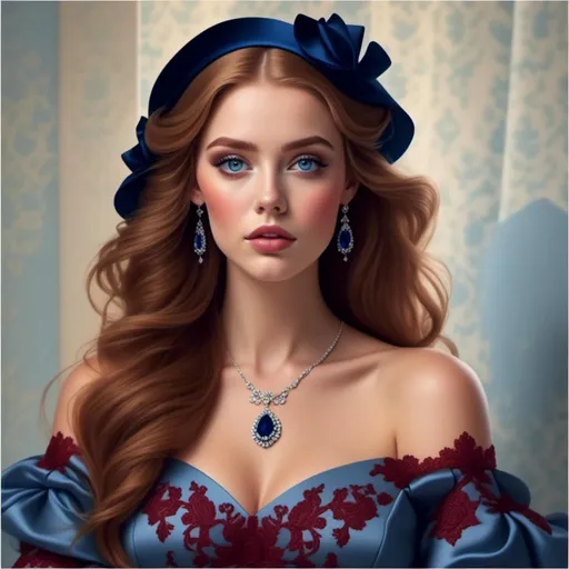 Prompt: <mymodel>Beautiful woman with blue eyes & Auburn hair, blue jewelry, intricate oval face, elegant & elaborate blue formal dress with velvet and lace detailing, blue milliner's hat, fair skin, upturned nose, full bosomy figure, blue high heels, sitting for a portrait, 8k, realistic, elegant, detailed, formal attire, intricate jewelry, portrait sitting, blue color scheme, fair complexion, exquisite hair, high-quality lighting