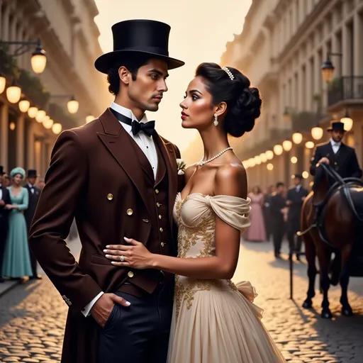 Prompt: This is a highly detailed, digital illustration in a realistic, Victorian-era style. The image features a young couple standing on a cobblestone street in a bustling urban setting during sunset. The man, with fair skin and brown hair, wears a black top hat, a dark brown three-piece suit with gold buttons, a white shirt, and a striped tie. He has a serious expression and his right hand is gently holding the woman's waist. The woman, with fair skin and dark hair styled in an updo with pearl hairpins, wears an off-the-shoulder, white, pinstriped gown adorned with gold embroidery and a pearl necklace. She has a soft, contemplative expression and her left hand rests on the man's chest. 

In the background, there are several people dressed in Victorian-era clothing, including a woman in a blue dress and bonnet and a man in a dark suit. A horse-drawn carriage is partially visible to the right, and street lamps cast a warm, golden light. The buildings are multi-story with large windows and a mix of stone and brick textures. The overall color palette is warm, with shades of brown, gold, and white, creating a nostalgic and romantic atmosphere.