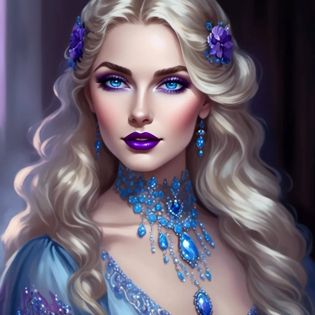 Prompt: <mymodel>Beautiful ethereal woman, long blonde hair,and icy blue eyes color, purple lipstick, facial closeup