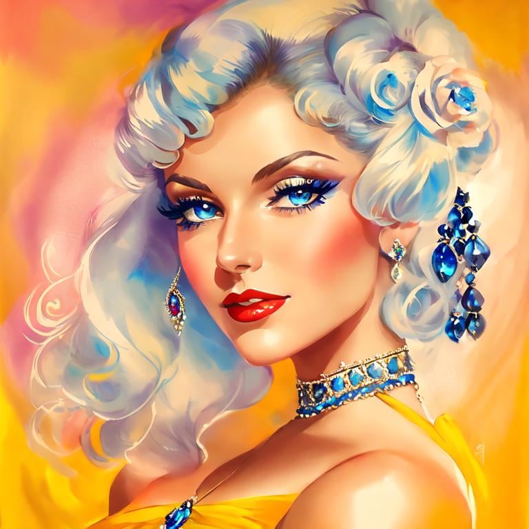 Prompt: Glamorously dressed lady of rhe 1930's wearing sapphire jewelry,blue eyes