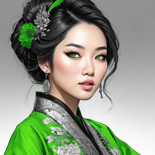 Prompt: <mymodel>Detailed illustration of a asian woman in vibrant green attire, large vivid green eyes, elegant makeup, digital painting, high resolution, realistic style, vibrant green, professional lighting