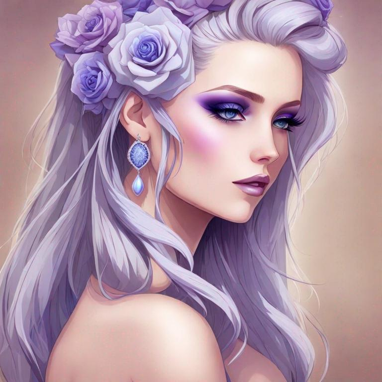 Prompt: A beautiful woman, white hair with pastel purple highlights, violet eyes, blue eyeshadow, pastel blue roses in her hair, blue jewels on forehead, cartoon style