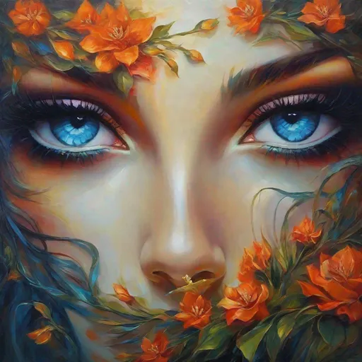 Prompt: Beautiful  hybrid woman with flowers sprouting from her, oil painting, detailed fiery eyes, ethereal glow, dark and mysterious, high quality, vibrant colors, surreal, haunting, intricate floral details, intense gaze, mystical atmosphere, oil painting, demon, hybrid, fiery eyes, ethereal, vibrant colors, surreal, haunting, floral details, intense gaze, mystical atmosphere