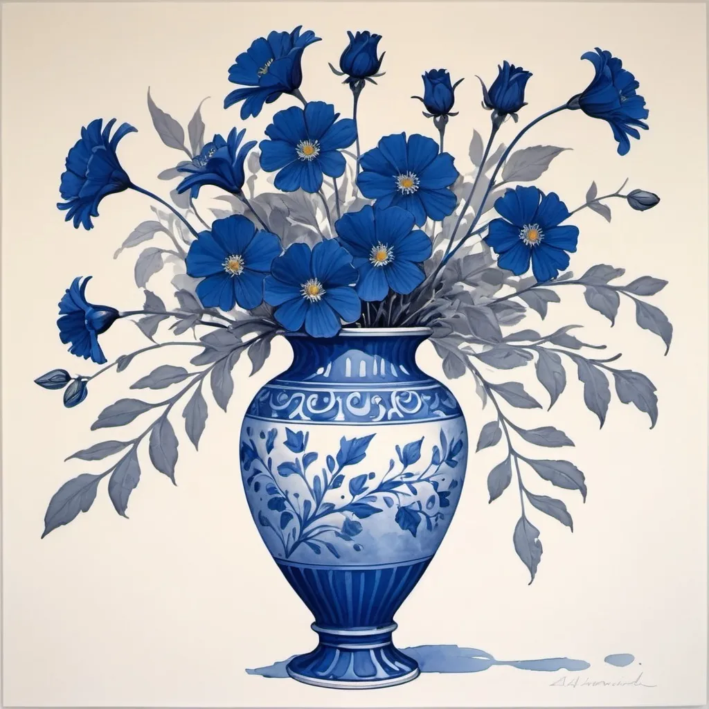 Prompt: a blue vase with blue flowers in it on a white background with blue leaves and stems in it,, Alison Kinnaird, modern european ink painting, in gouache detailed paintings, a silk screen