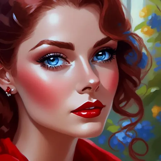 Prompt: A lady in red, blue eyes, Auburn hair, facial closeup<mymodel>