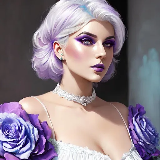 Prompt: A beautiful woman, white hair with pastel purple highlights, violet eyes, blue eyeshadow, pastel blue roses in her hair, blue jewels on forehead, cartoon style