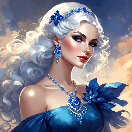 Prompt: A beautiful woman, white hair, blue eyes, blue eyeshadow, blue jewels <mymodel>