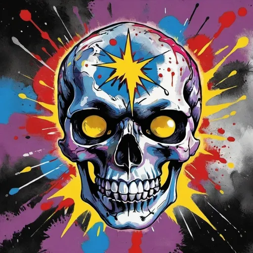 Prompt: This is a digital artwork in a vibrant, pop-art style. The central focus is a detailed, stylized human skull with a bright blue coloration. The skull has a prominent yellow lightning bolt symbol across its forehead, adding a dynamic and energetic element to the image. The skull's eyes are large and black with bright yellow rings around them, giving an intense and somewhat eerie gaze. The teeth are white and evenly spaced, with a slight shadow adding depth. The background is a chaotic explosion of colors and shapes, featuring bold red, pink, yellow, and purple rays radiating outward from the skull. These rays are interspersed with splatters of blue, purple, and yellow, creating a sense of movement and energy. The background also includes a dark, starry night sky with small yellow and white specks, adding contrast to the bright foreground. The overall texture is smooth, with sharp, defined lines and a high-contrast color palette typical of pop-art. The image evokes a sense of boldness and intensity, blending elements of surrealism and modern pop-art styles.