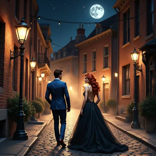 Prompt: Beneath a luminous full moon, a romantic scene unfolds in a cobblestone alleyway illuminated by vintage street lamps, casting a warm, golden glow over the surroundings. A couple stands close together, their backs facing the viewer; the man, dressed in a sharp blue suit, exudes sophistication, while the woman, adorned in an elegant black gown with a revealing back and cascading red curls, radiates a captivating charm. The evening air is thick with intimacy and allure, enhanced by the mist that gently drifts along the pathway, softening the edges of the elegant brick buildings lining the street. The artful composition focuses on their connection, evoking a sense of mystery and romance against the tranquil backdrop of a starry night. This enchanting moment captures the essence of a timeless love story, poised between elegance and yearning.