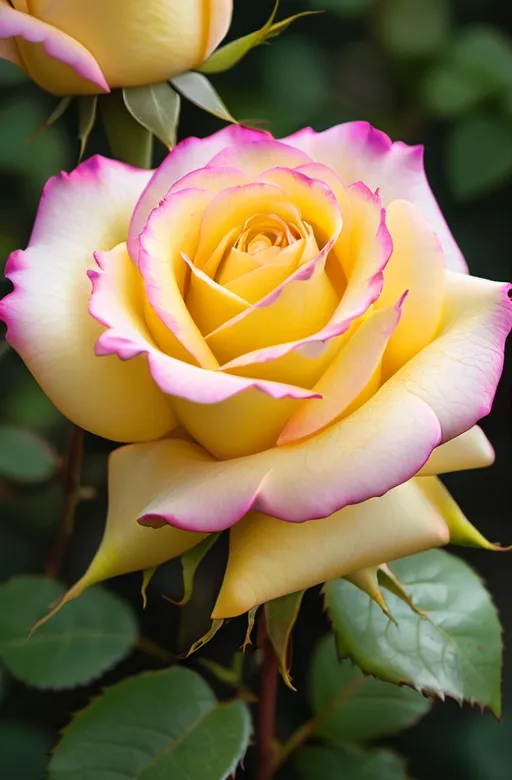 Prompt: A perfect yellow rose with pink edges