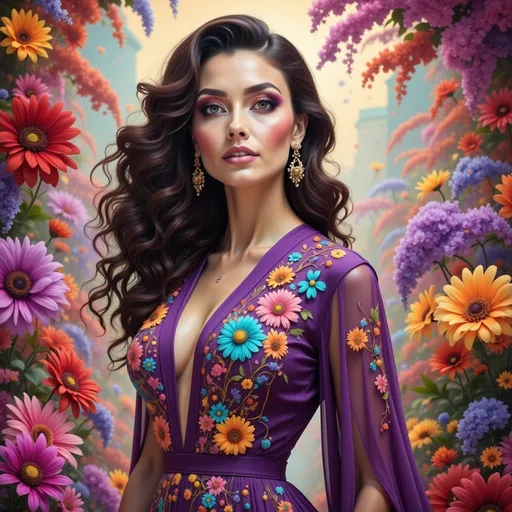 Prompt: A stunning woman stands poised at the center of a vibrant floral arrangement, exuding confidence and grace. Her long, dark hair cascades in elegant waves, framing her striking face adorned with bold makeup that highlights her captivating features. Dressed in a sumptuous purple gown embellished with bright floral patterns, she captures the eye with her alluring presence, complemented by striking earrings. The background reveals a dreamy, soft-focus cityscape, bursting with blooming flowers in hues of red, pink, and purple, creating a romantic, enchanting atmosphere that enhances the overall beauty and elegance of the scene. The warm, golden light infuses the image with a dreamy quality, inviting viewers into this picturesque moment.