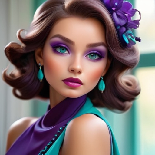 Prompt: Elegant lady in colors of purple and turquoise