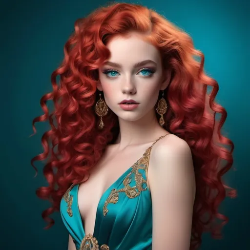 Prompt: With vibrant red curls cascading over her shoulders, the striking figure commands attention, framed by a rich teal backdrop. Her piercing blue eyes, adorned with dramatic eyeliner, exude confidence, while her delicate features, highlighted by soft pink blush, are accentuated by a subtle pout. She wears an intricately designed gown in turquoise, featuring ornate gold detailing and exquisite teal jewels that catch the light, enhancing her regal appearance. The opulent setting, complete with plush red upholstery and golden accents, imbues the scene with an air of luxury and sophistication, suggesting a narrative of elegance and allure. The overall composition, bathed in soft lighting, creates a captivating atmosphere that draws the viewer in, inviting a deeper exploration of her story.