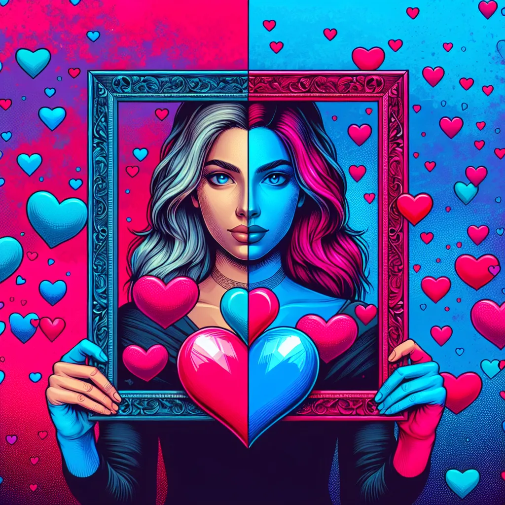 Prompt: <mymodel> a woman with a heart shaped frame with hearts around her and a blue background with hearts around her, and a pink background with a, Artgerm, funk art, trending on art station, a character portrait