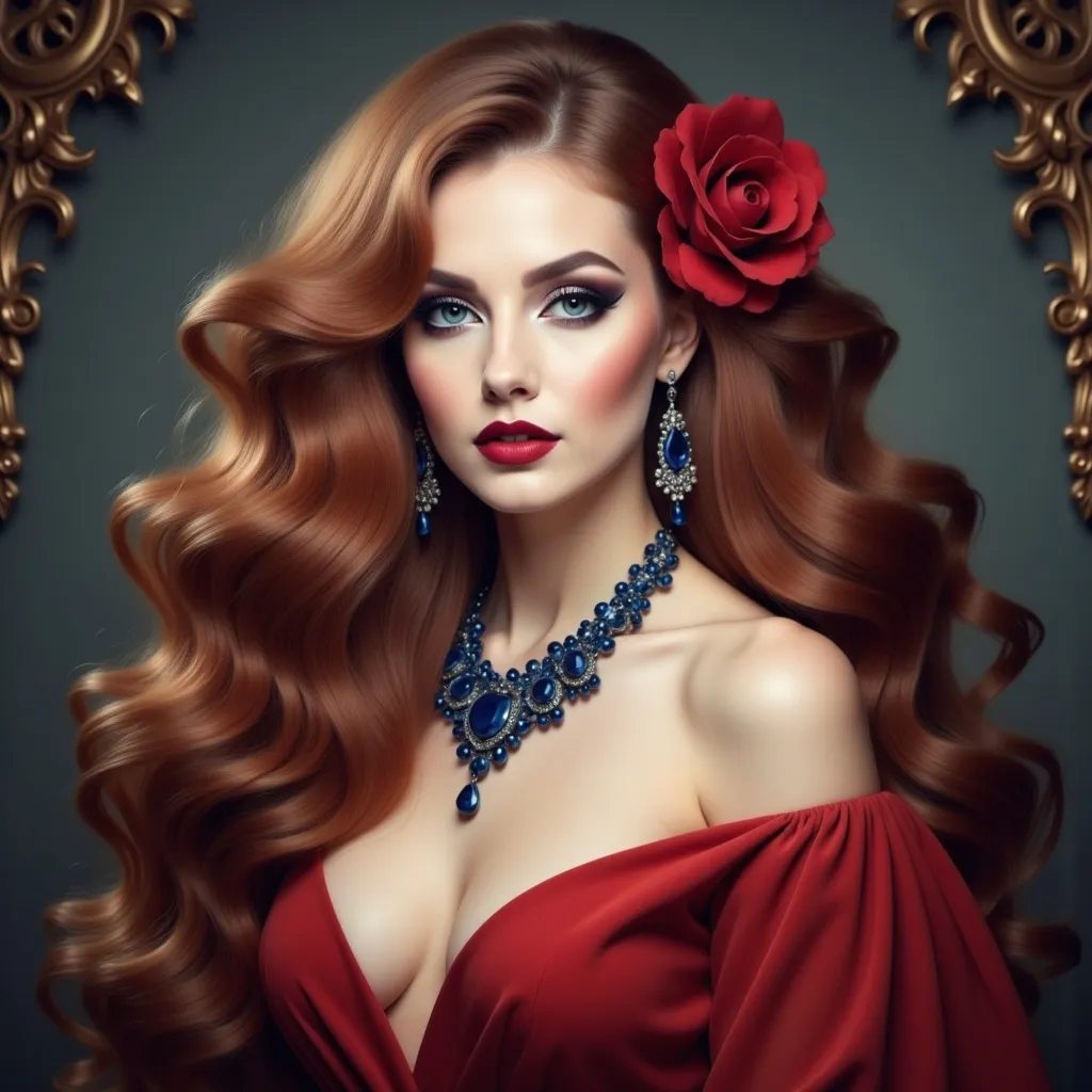 Prompt: a painting of a woman with long red hair wearing a red dress and a flower in her hair, with a blue necklace and earrings, Edwin Georgi, gothic art, highly detailed digital painting, a detailed painting